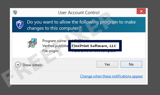 Screenshot where FinePrint Software, LLC appears as the verified publisher in the UAC dialog